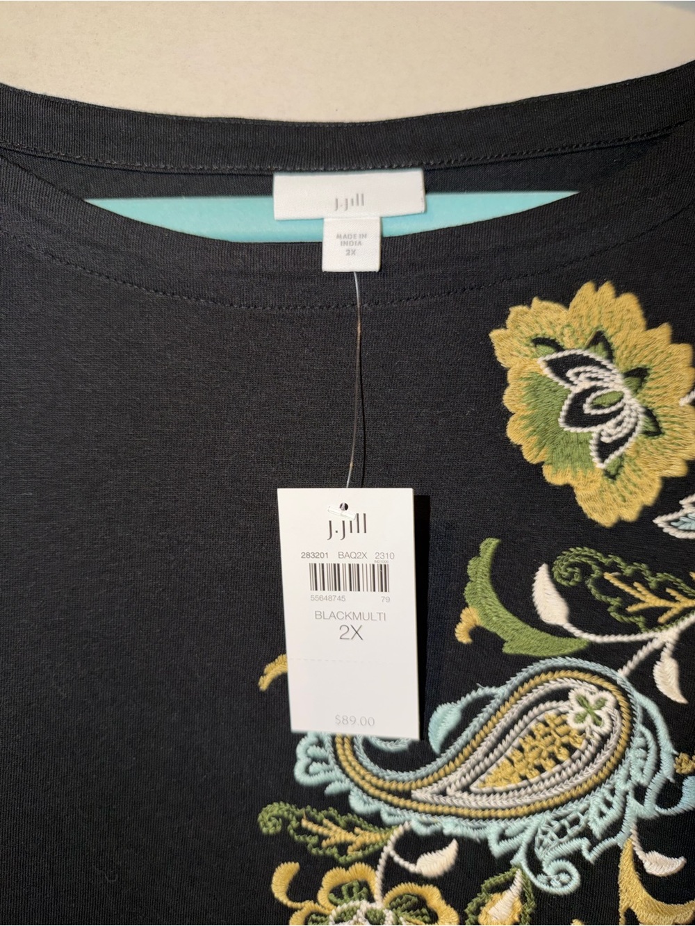 J. Jill Black Short-Sleeve Tee with Green and Gold Paisley Embroidery